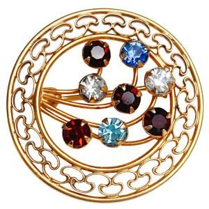 VTG Signed Carla 12K GF Multicolor Rhinestone Circle Brooch 1960s Spray Pin